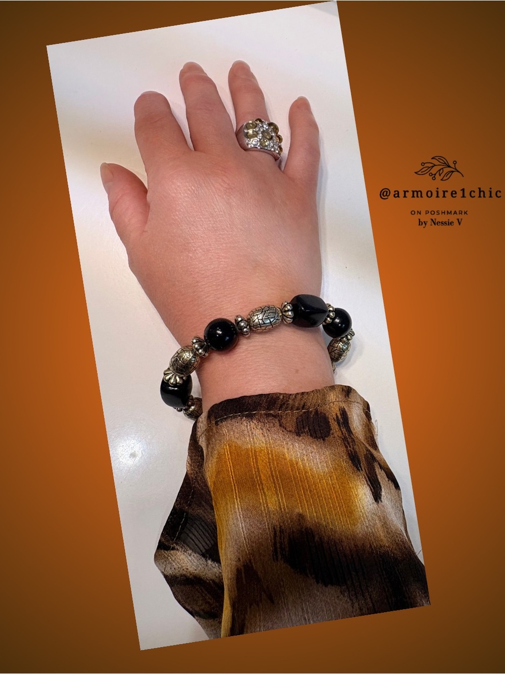 BEADED BRACELET | Stretch Band Black Stone & Brushed Gold Beads With Antiquing